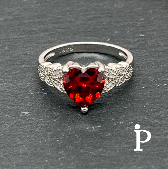 Sterling Silver Heart Accent Promise Ring Simulated Garnet Cubic Zirconia