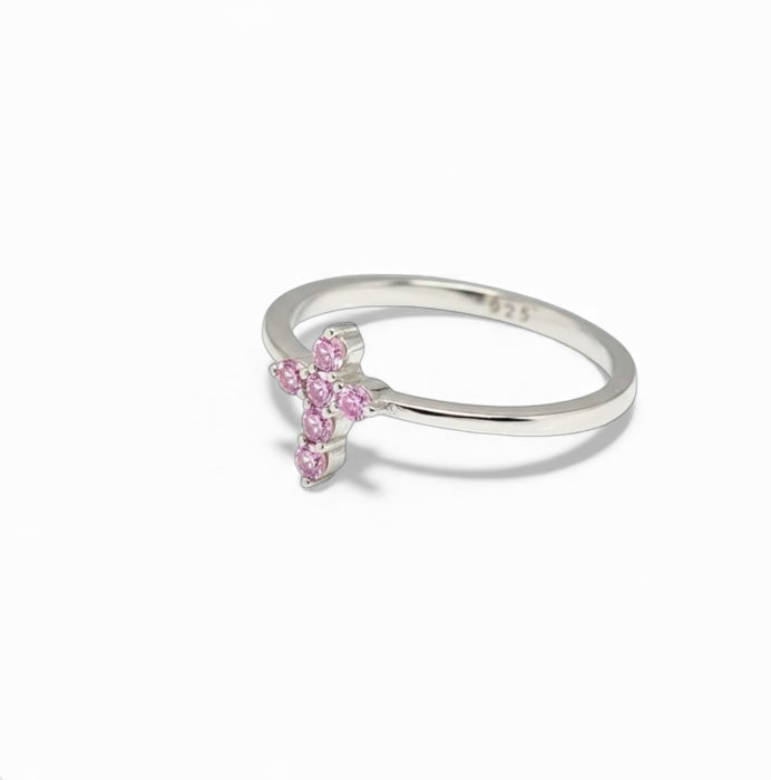 Sterling Silver Cross Pink CZ Ring-AE-82