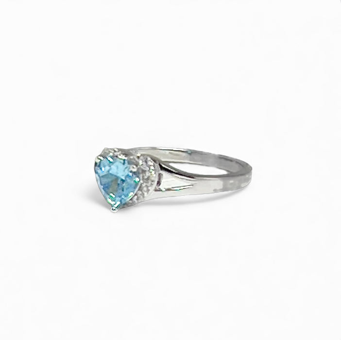 Sterling Silver Heart Aquamarine Cubic Zirconia Ring-AE-95