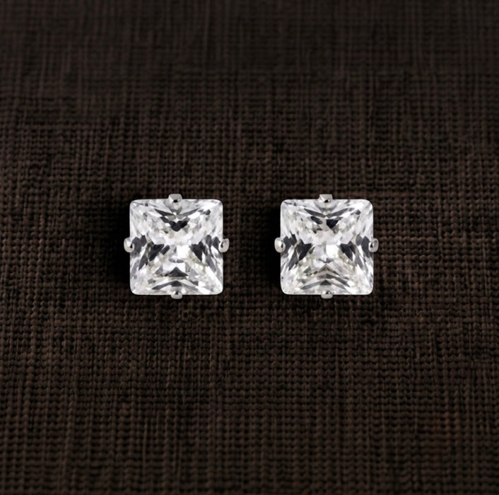 Sterling Silver 7x7mm Square Princess Cut CZ Stud Earrings-SET-73