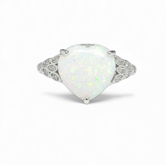 Sterling Silver Plump Pear Shape White Lab Opal Clear CZ Ring-AE-42