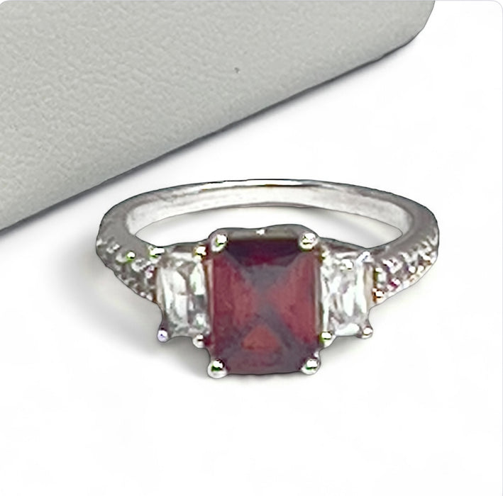 Sterling Silver Rectangular Cut Garnet CZ Ring-AE-03