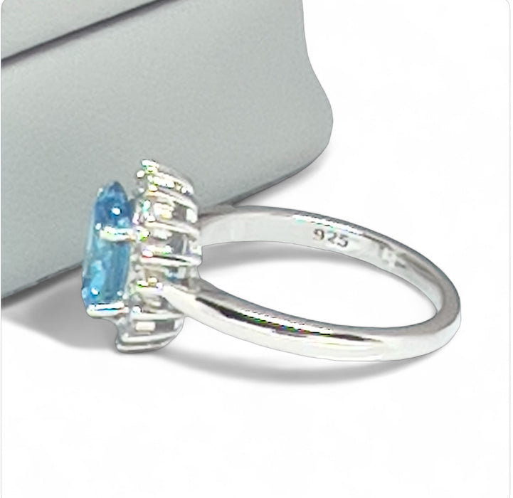 Sterling Silver Oval Aqua Blue CZ Ring-AE-67
