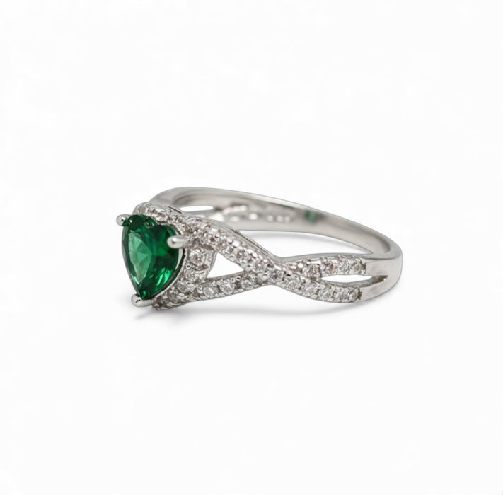 Sterling Silver Heart Halo Twist Green CZ Ring-AE-75