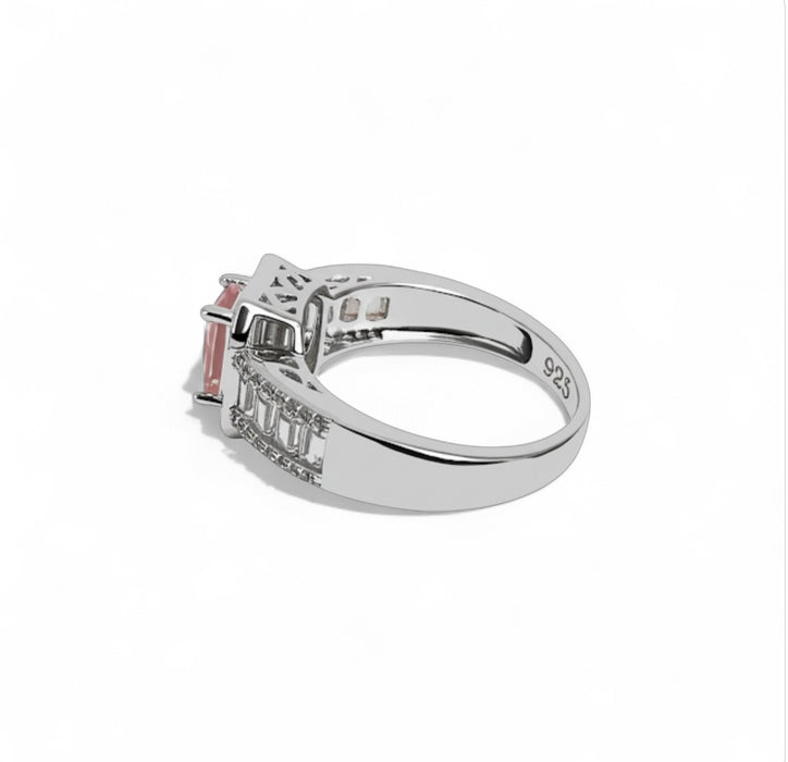 Sterling Silver Emerald Cut Pink Clear CZ Ring-AE-72