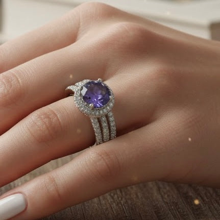Sterling Silver Elegant Round Halo Amethiyst CZ Rring-CL-30