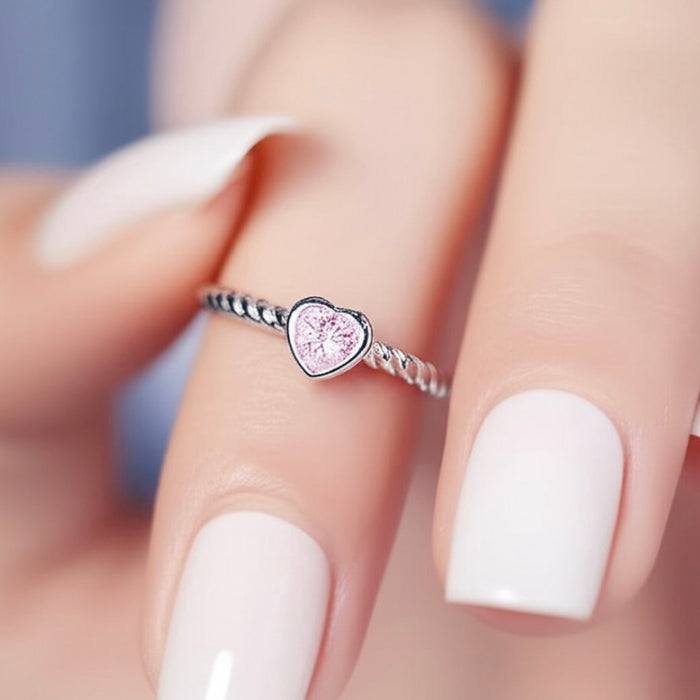 Sterling Silver Heart Pink CZ Ring-AE-86