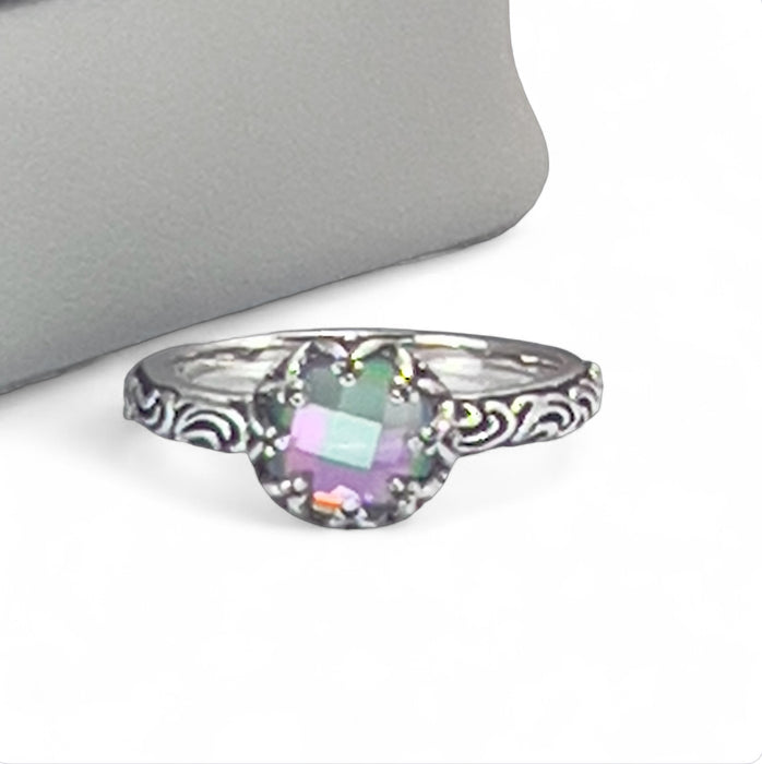 Sterling Silver Floral Rainbow Topaz CZ Ring-AE-79