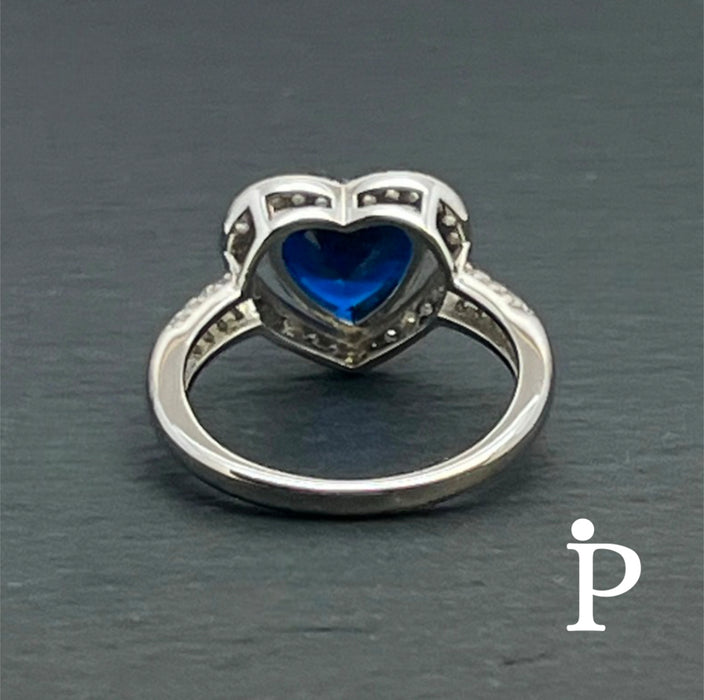 Sterling Silver Blue Sapphire Heart Halo CZ Ring -AE-49