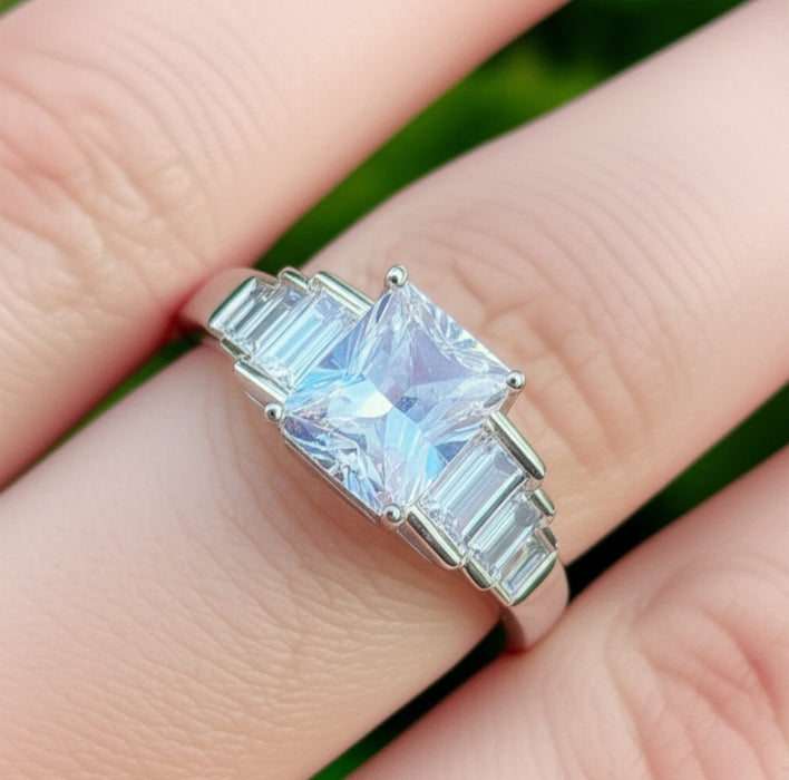 Sterling Silver Emerald-Cut Engagement CZ Ring-ER-24