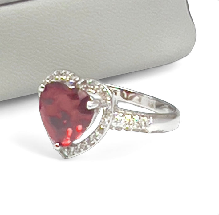 Sterling Silver Garnet Heart Halo CZ Ring-AE-13