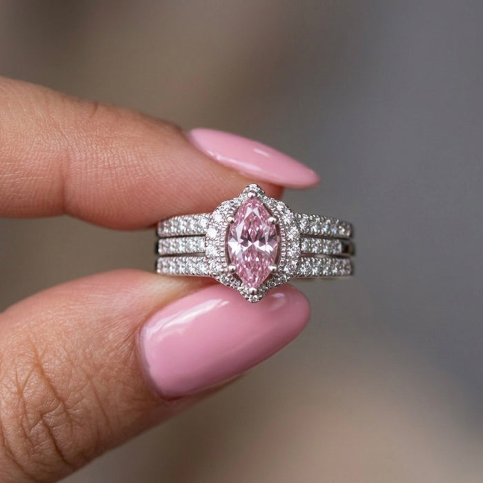Sterling Silver Pink Marquise CZ Set Ring-AE-105