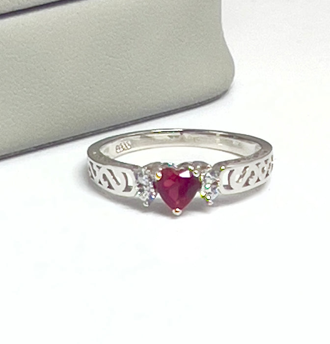 Sterling Silver Filigree Heart Promise Ring with Simulated Ruby-AE-115