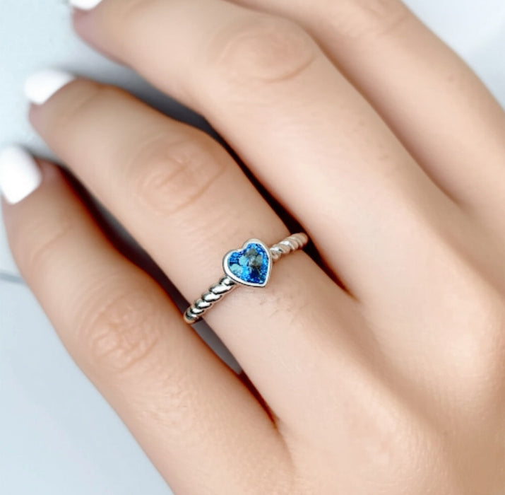 Sterling Silver Heart Blue Topaz CZ Ring-AE-77