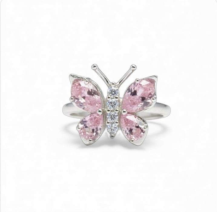 Sterling Silver Large Pink CZ Butterfly Ring-AE-99