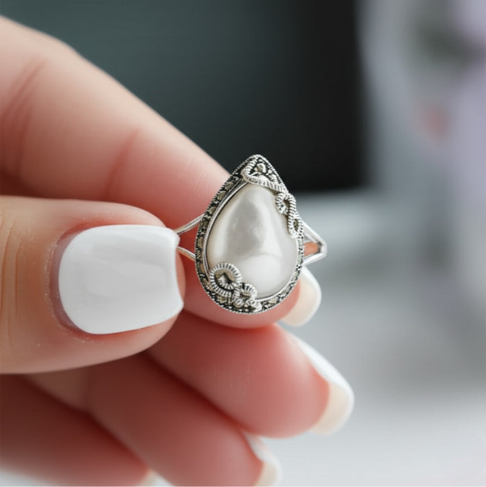 Sterling Silver Pear Shape Mother of Pearl Marcasite Ring-AE-89