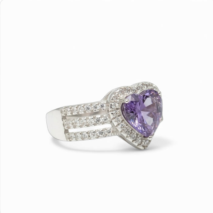 Sterling Silver Amethyst Heart CZ Ring-CL-29