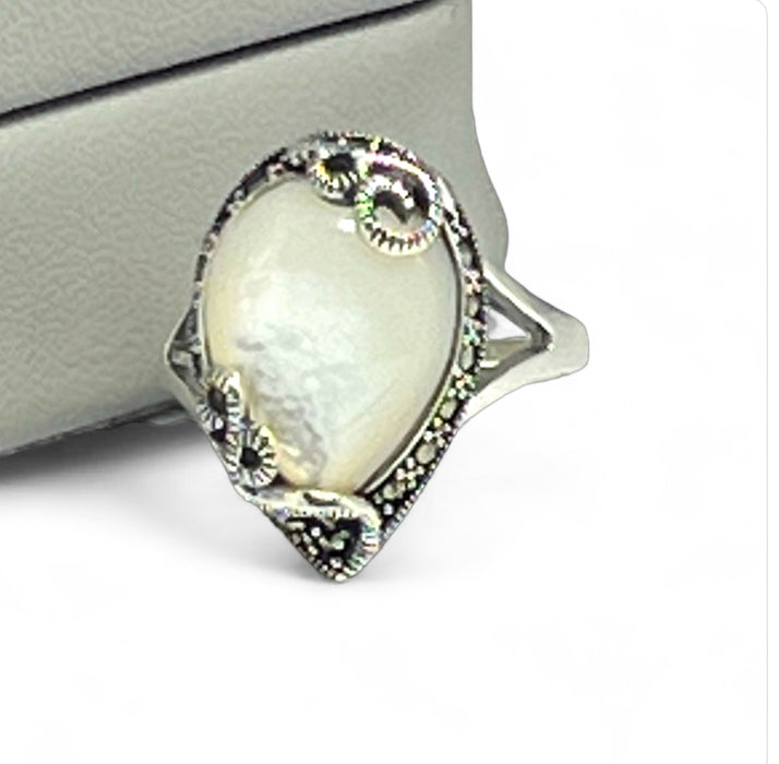 Sterling Silver Pear Shape Mother of Pearl Marcasite Ring-AE-89