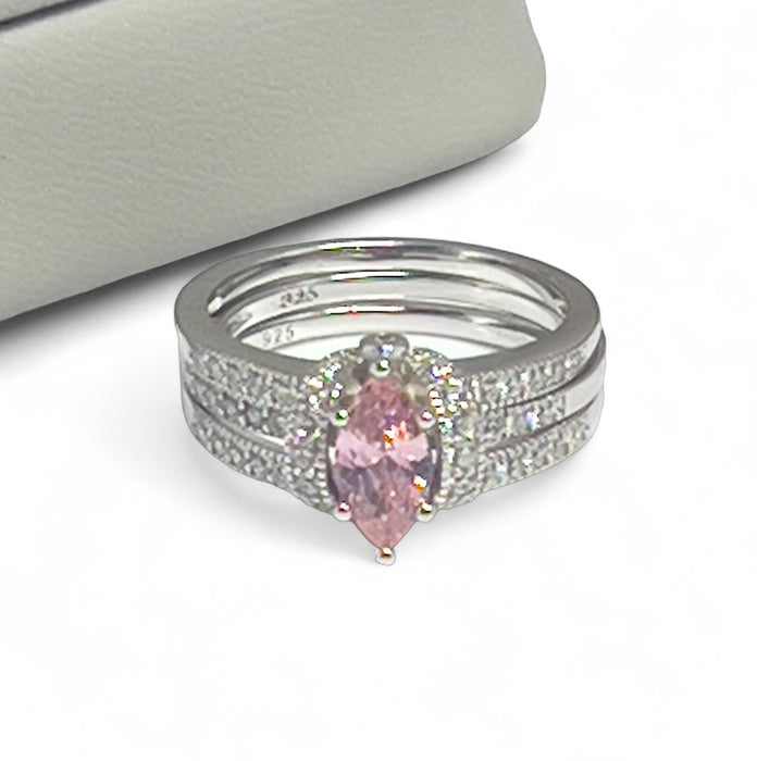 Sterling Silver Pink Marquise CZ Set Ring-AE-105