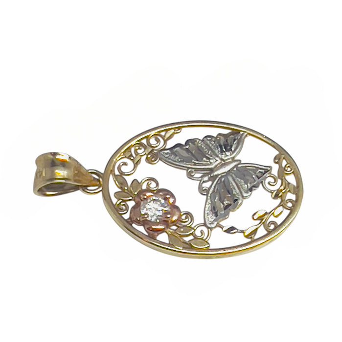 Solid 14K Gold Oval Tri-Color Flower CZ Butterfly Pendant-GP-18