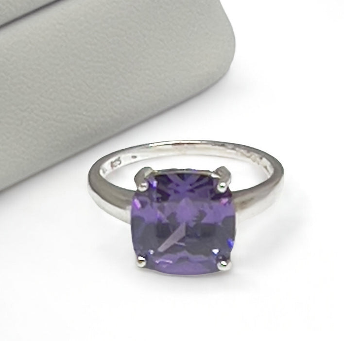 Sterling Silver Cushion Cut Amethyst CZ Ring-AE-18