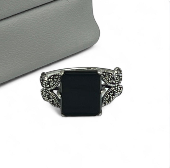Sterling Silver Black Onyx Square Butterfly Marcasite Ring-AE-58
