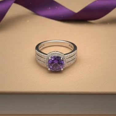 Sterling Silver Elegant Round Halo Amethiyst CZ Rring-CL-30