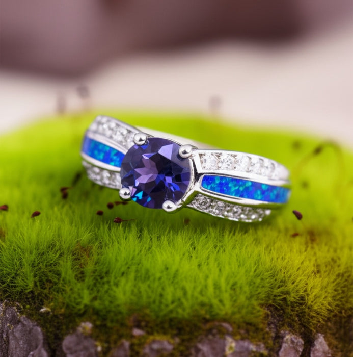 Sterling Silver Lab Opal Round Tanzanite CZ Ring -AE-16