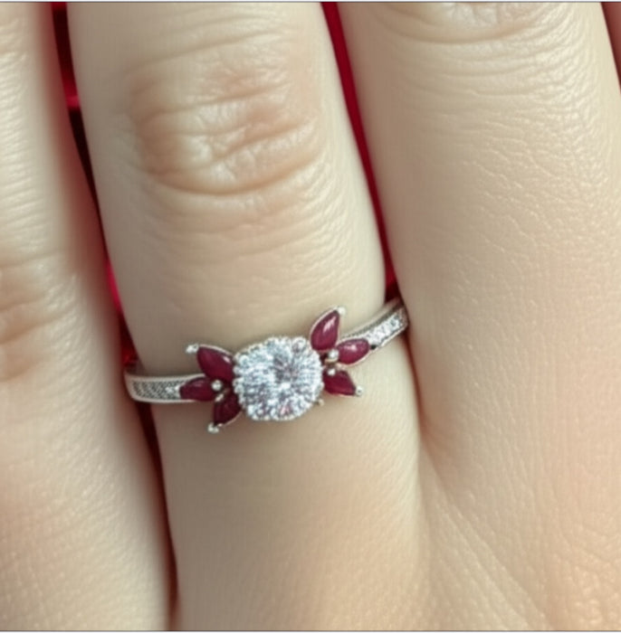 Sterling Silver Flower Leaves Ruby Clear CZ Ring-AE-39