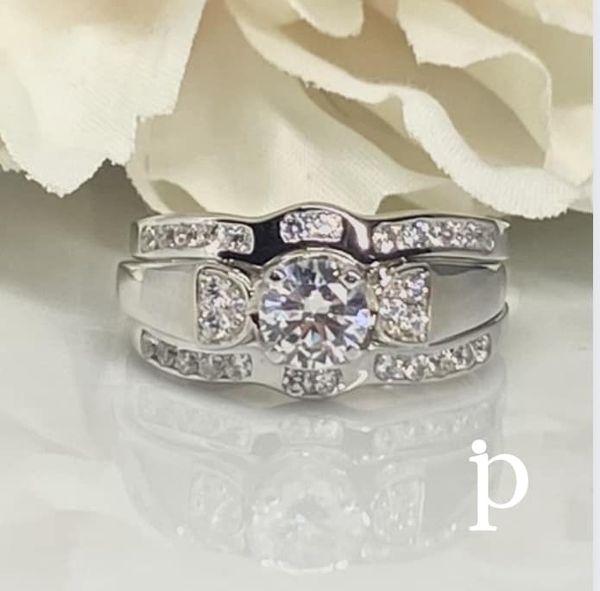 (ACP-83) .925 Silver Double Engagement Ring with round Zirconia.