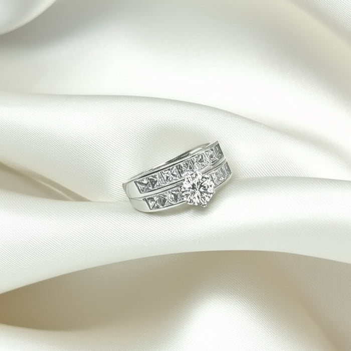Sterling Silver Clear Round Cut Engagement Set CZ Ring-ER-02