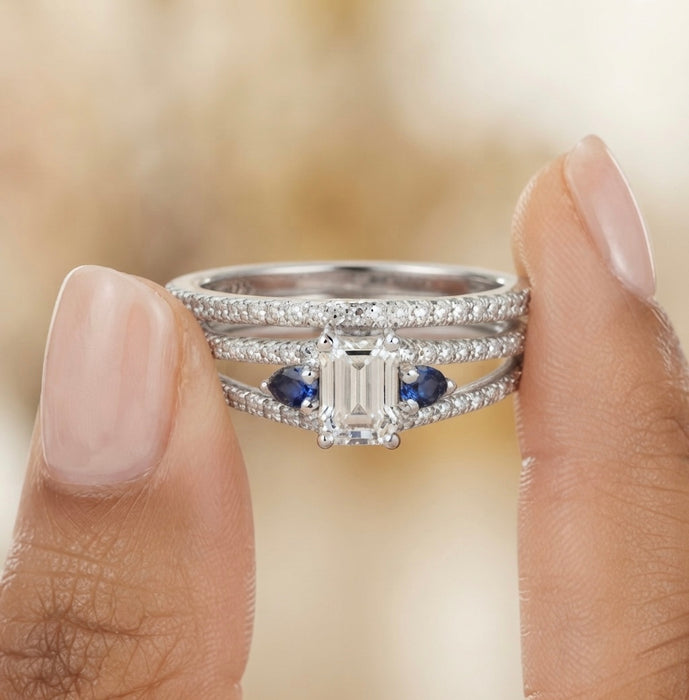 Sterling Silver Clear and Blue CZ Wedding Set Ring ER-124