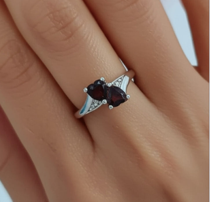 Sterling Silver Double Heart Garnet CZ Ring-AE-23