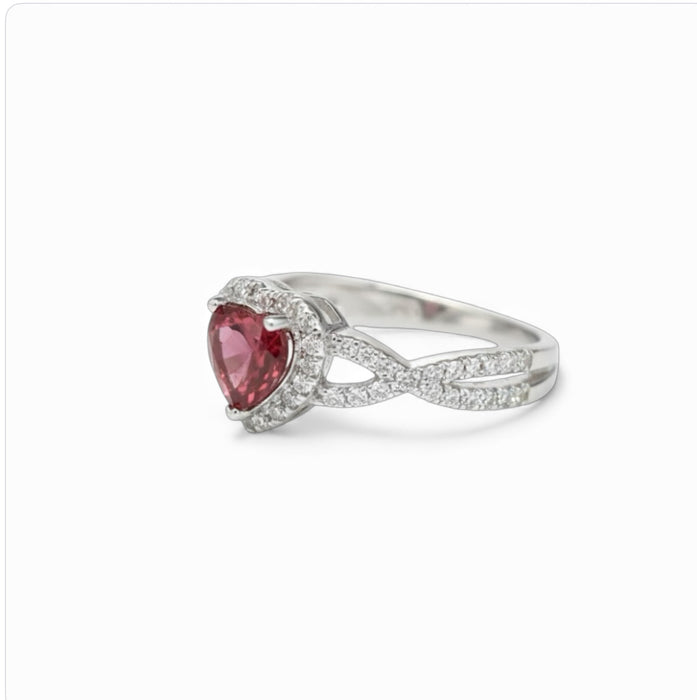 Sterling Silver Heart Halo Twist Garnet CZ Ring-AE-44