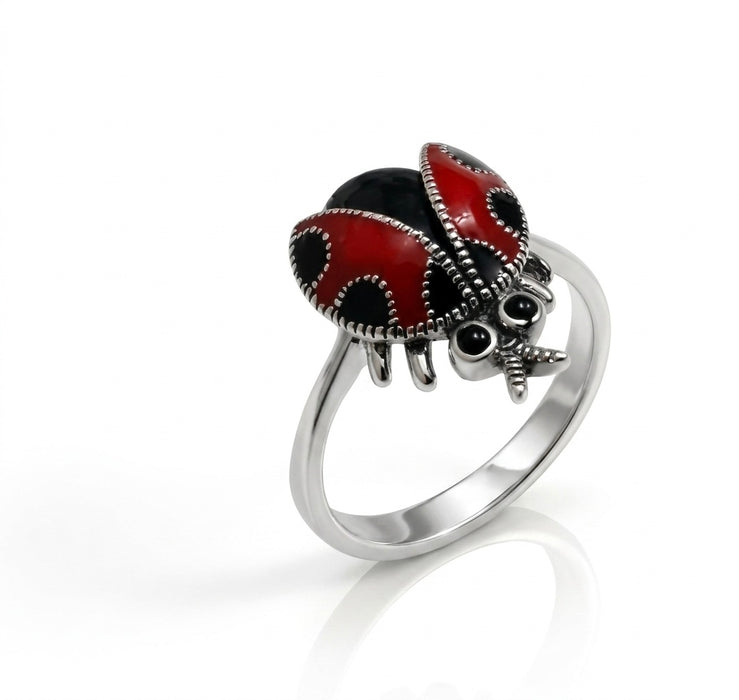 Sterling Silver Black Onyx and Enamel Ladybug Marcasite Ring-AE-46