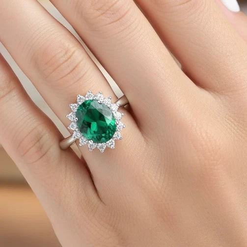 Sterling Silver Green Oval CZ Ring-AE-66