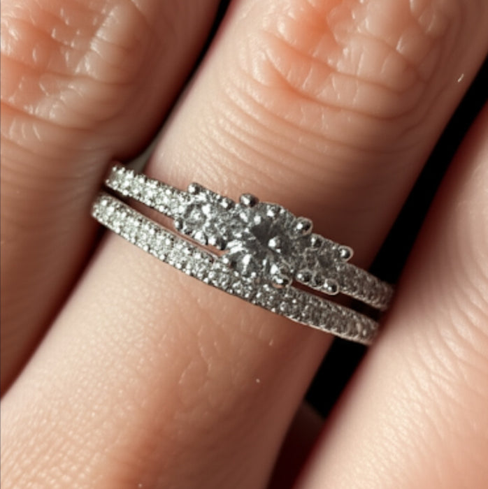 Sterling Silver 3 Stones Engagement Set Ring-ER-110