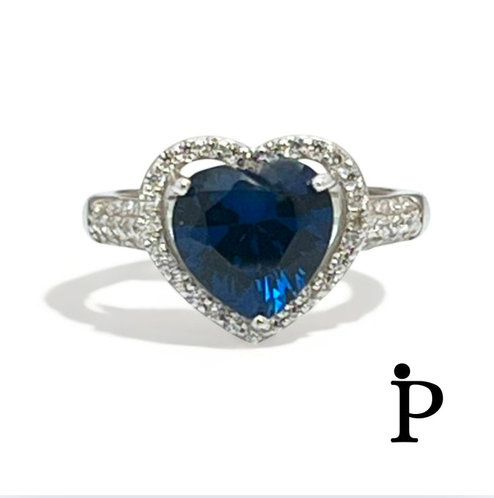 Sterling Silver Blue Sapphire Heart Halo CZ Ring -AE-49