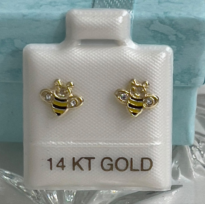 Elegant 14K Yellow Gold Bee Earrings with Enamel & CZ – Screw Back–  GE-86
