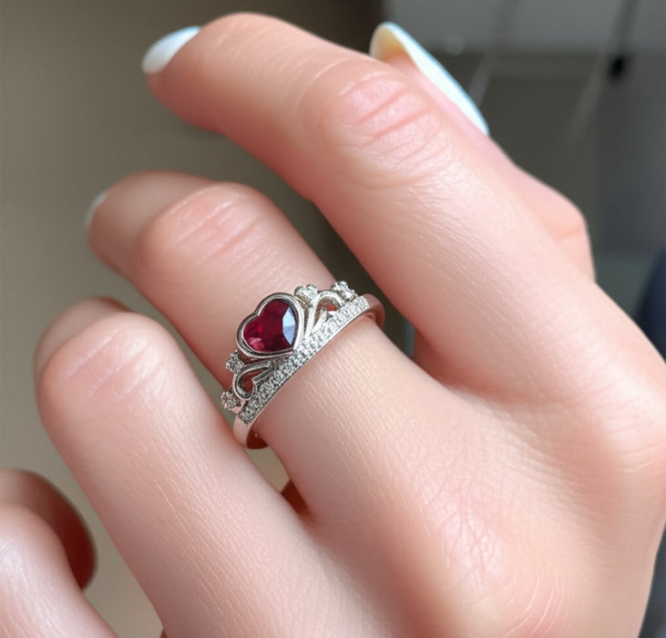 Sterling Silver Ring with Heart Crown Design and Garnet Cubic Zirconia-AE-28