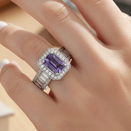 Sterling Silver Emerald Cut Amethyst Clear CZ Ring-AE-73