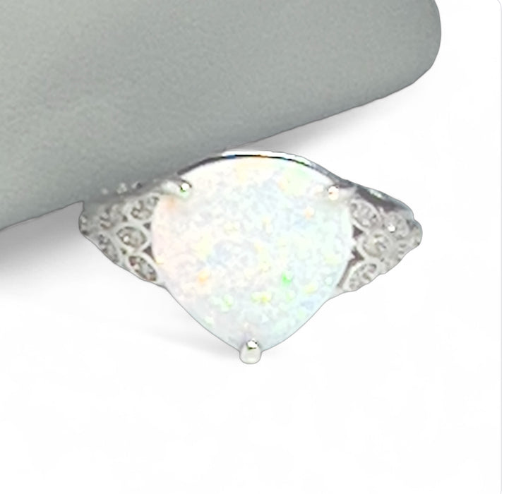 Sterling Silver Plump Pear Shape White Lab Opal Clear CZ Ring-AE-42