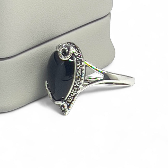 Sterling Silver Pear Shape Black Onyx Marcasite Ring-AE-90