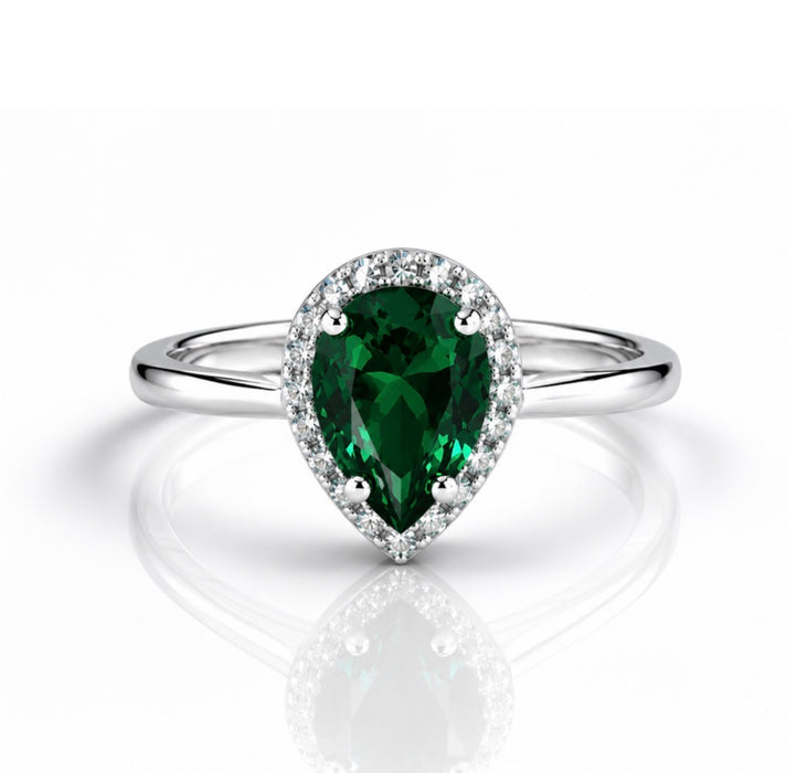Sterling Silver Pear-Shaped Simulated Green Emerald Ring-AE-114