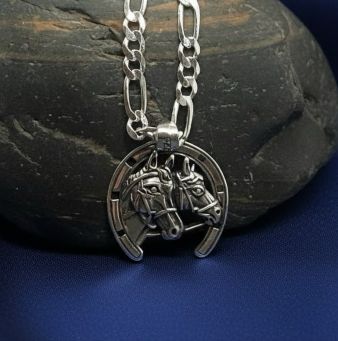 Sterling Silver Horseshoe-Shaped Pendant with Horse Necklace-CN-91