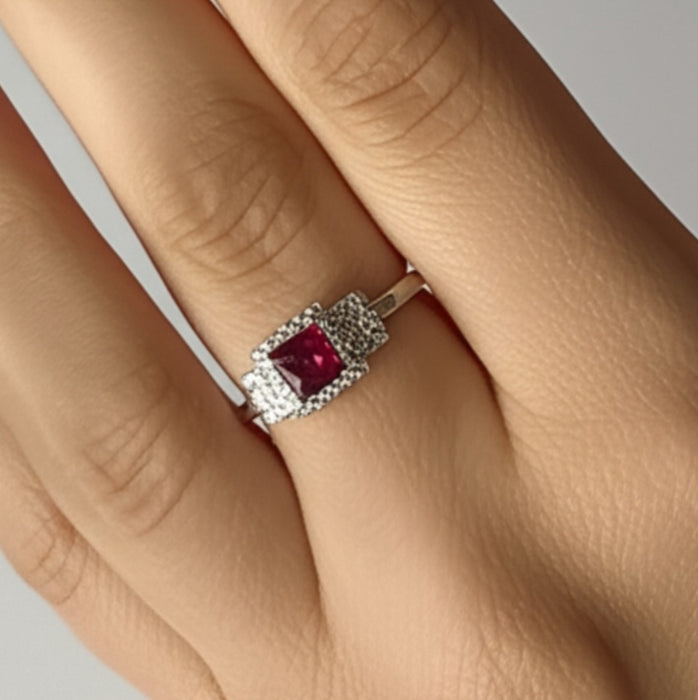 Sterling Silver Rectangular Garnet CZ Ring-AE-08