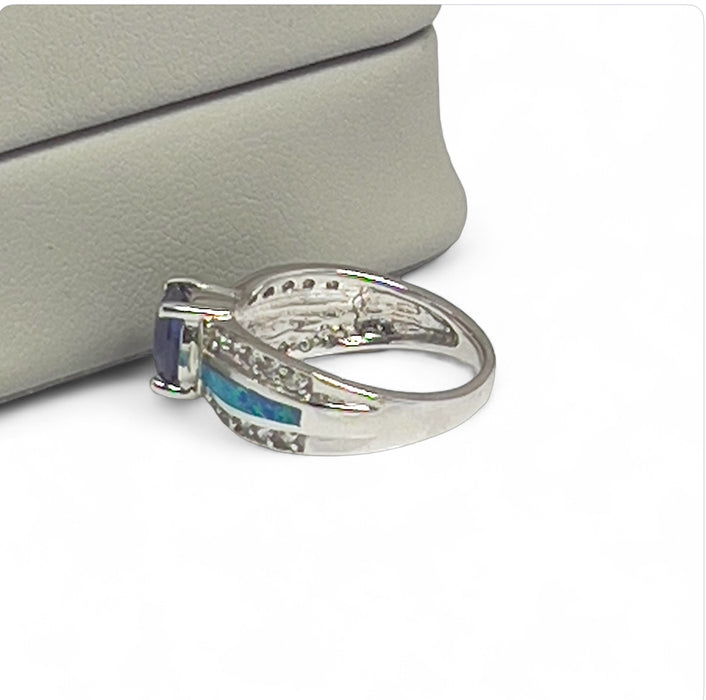 Sterling Silver Lab Opal Round Tanzanite CZ Ring -AE-16