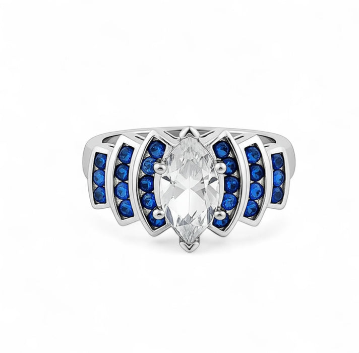 Sterling Silver Exquisite Blue Spinel Marquise Clear CZ Ring-ER-151
