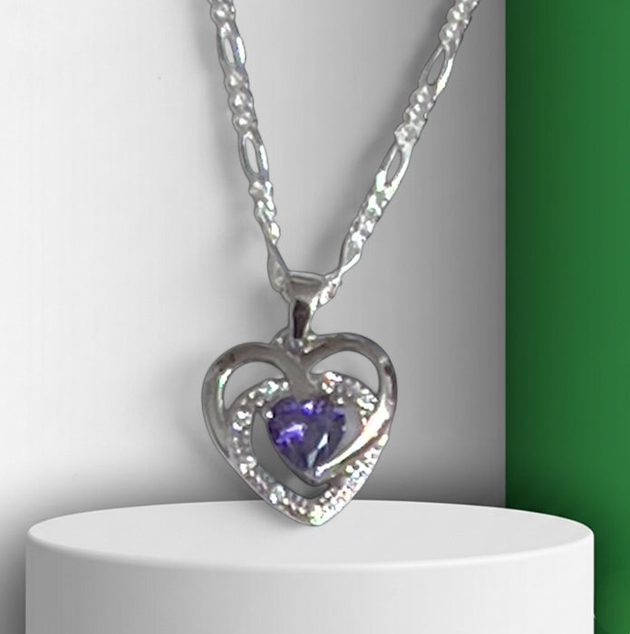 Sterling Silver Precious Heart Dark Violet CZ Necklace-SN-10