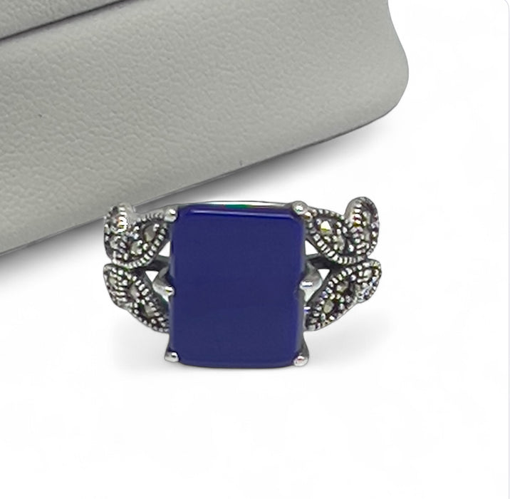 Sterling Silver Blue Stone Square Butterfly Marcasite Ring-AE-69